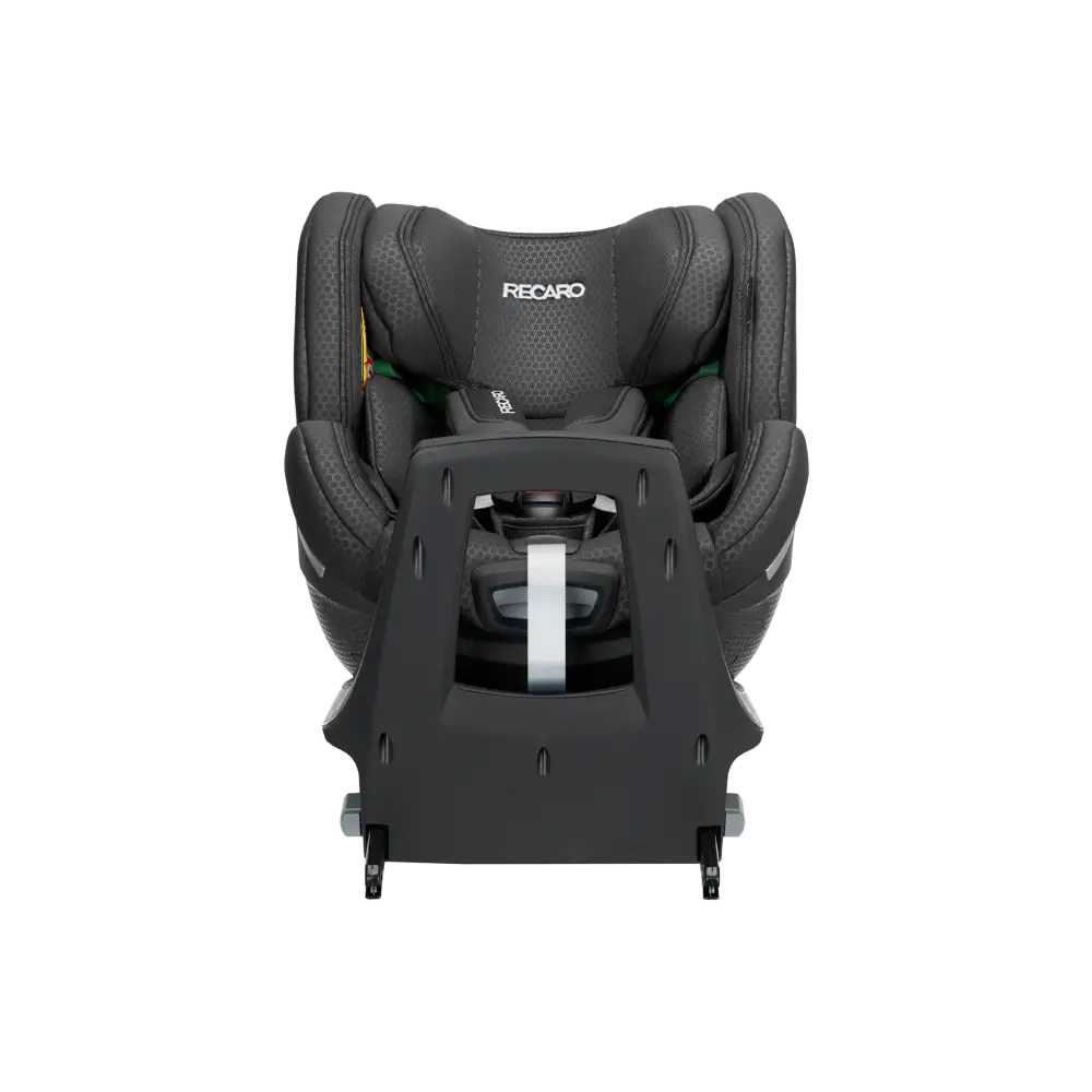 Fresh Black XENON 1 KID with padded harness, viewed across the tall black panel at the end of its base.