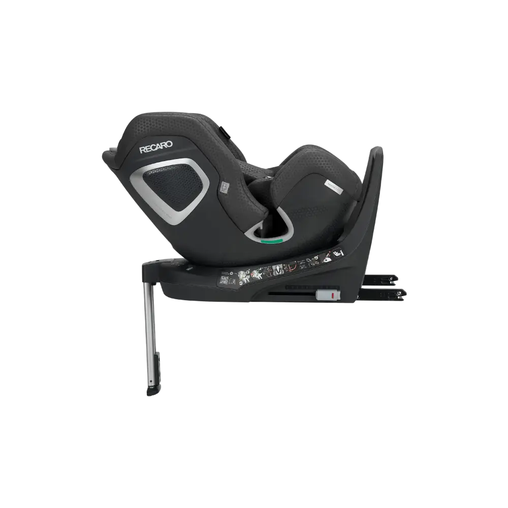 Fresh Black XENON 1 KID, reclined side view showing silver-trimmed shell and extended support leg.