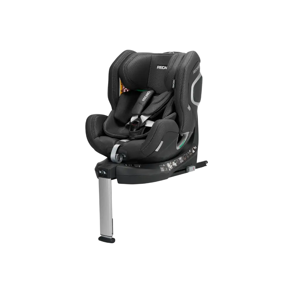 Fresh Black XENON 1 KID, angled front view with padded harness, black base and extended silver support leg.