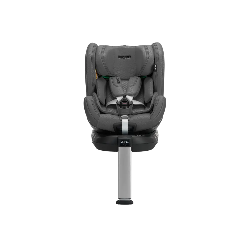 Recaro XENON 1 KID in Gallant Grey, front view with padded harness and extended silver support leg.