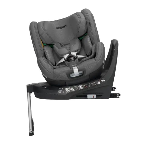 Recaro Gallant Grey XENON 1 KID, rotated on its black base with padded harness and extended silver support leg.