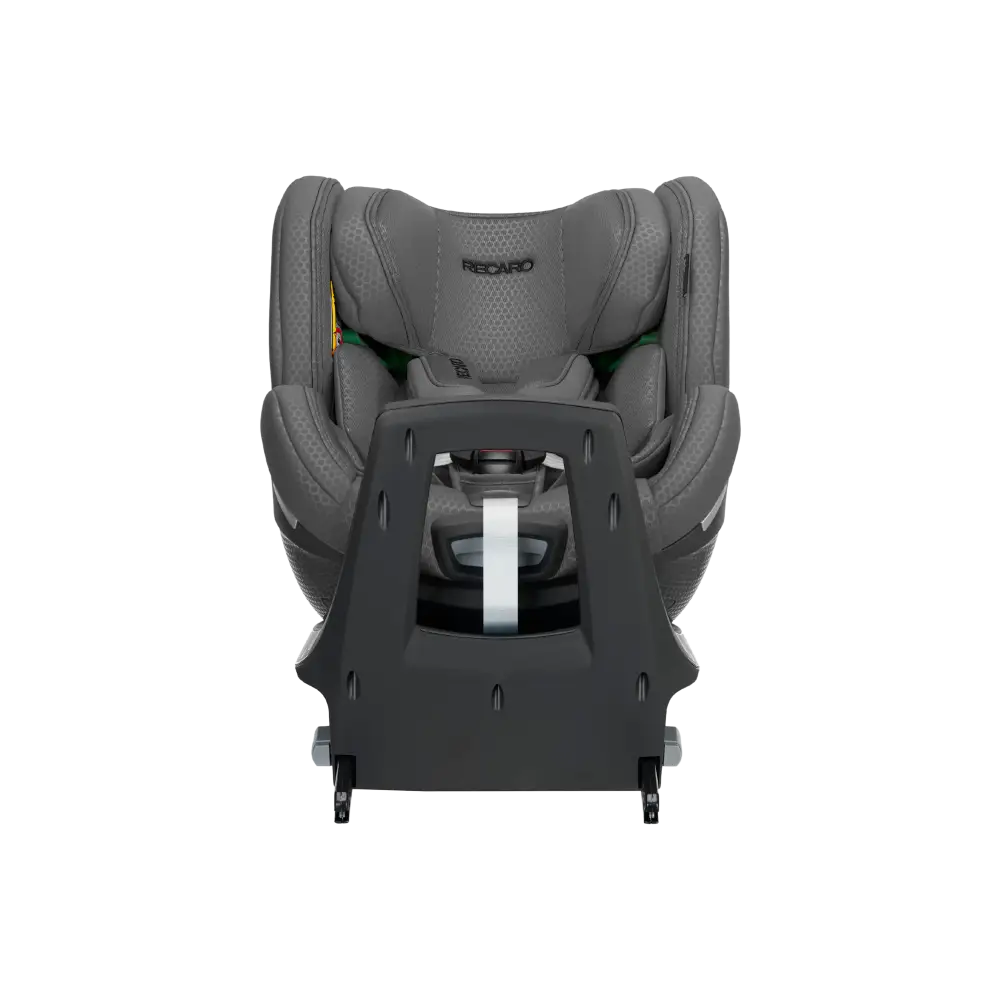 Gallant Grey XENON 1 KID with padded harness, viewed across the tall black panel at the end of its base.