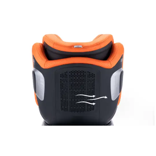 Rear close-up of the Vibrant Orange XENON 1 KID, with arrows illustrating airflow through the ventilation panel.