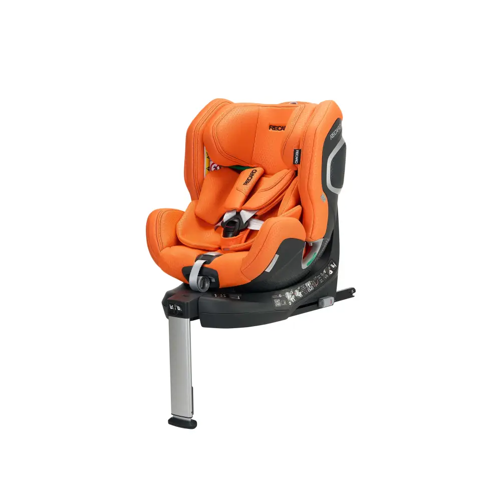 Vibrant Orange XENON 1 KID, angled front view with padded harness, black base and extended silver support leg.