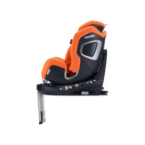Vibrant Orange XENON 1 KID, upright side view showing silver-trimmed shell, black base and extended support leg.