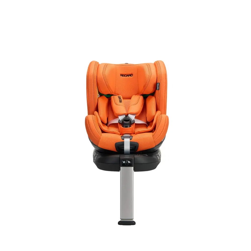 Recaro XENON 1 KID in Vibrant Orange, front view with padded harness and extended silver support leg.