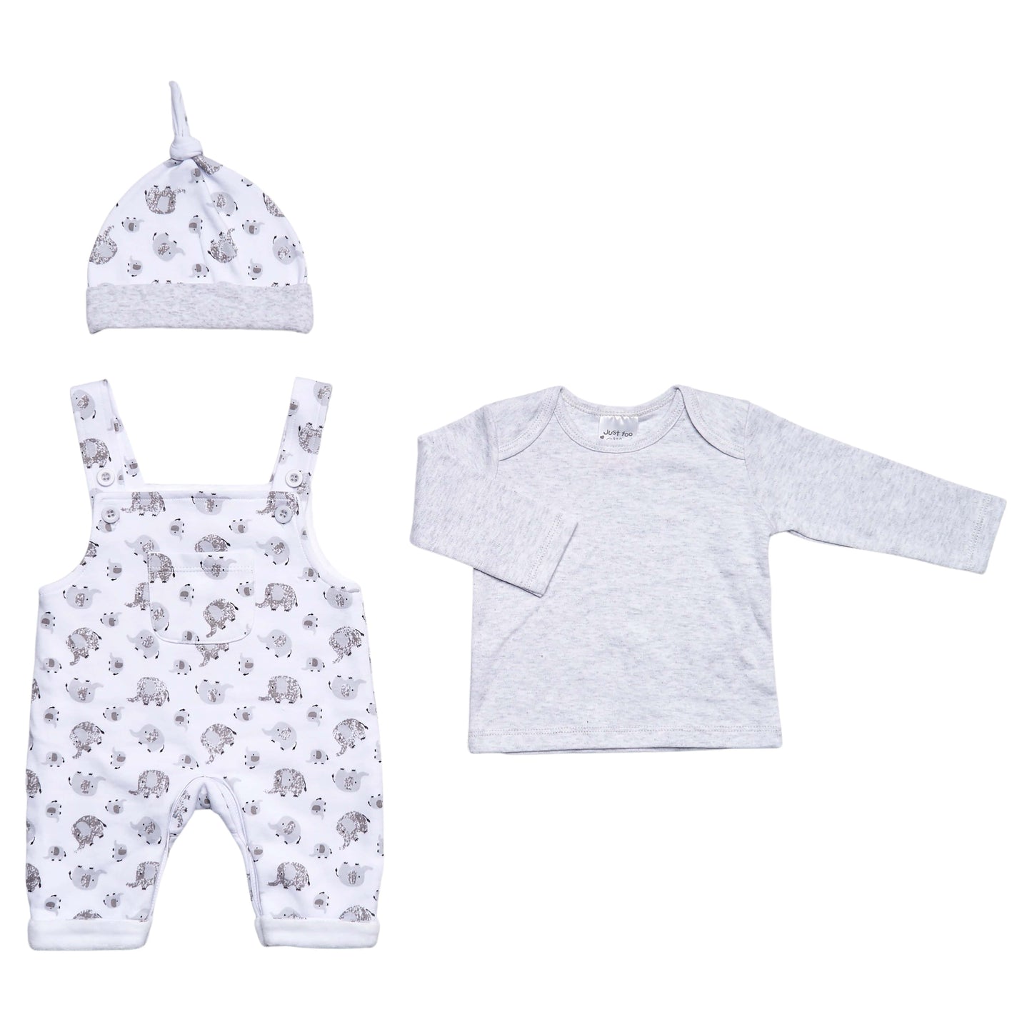 Unisex Baby Grey 3 piece Elephant Dungaree Set Just Too Cute