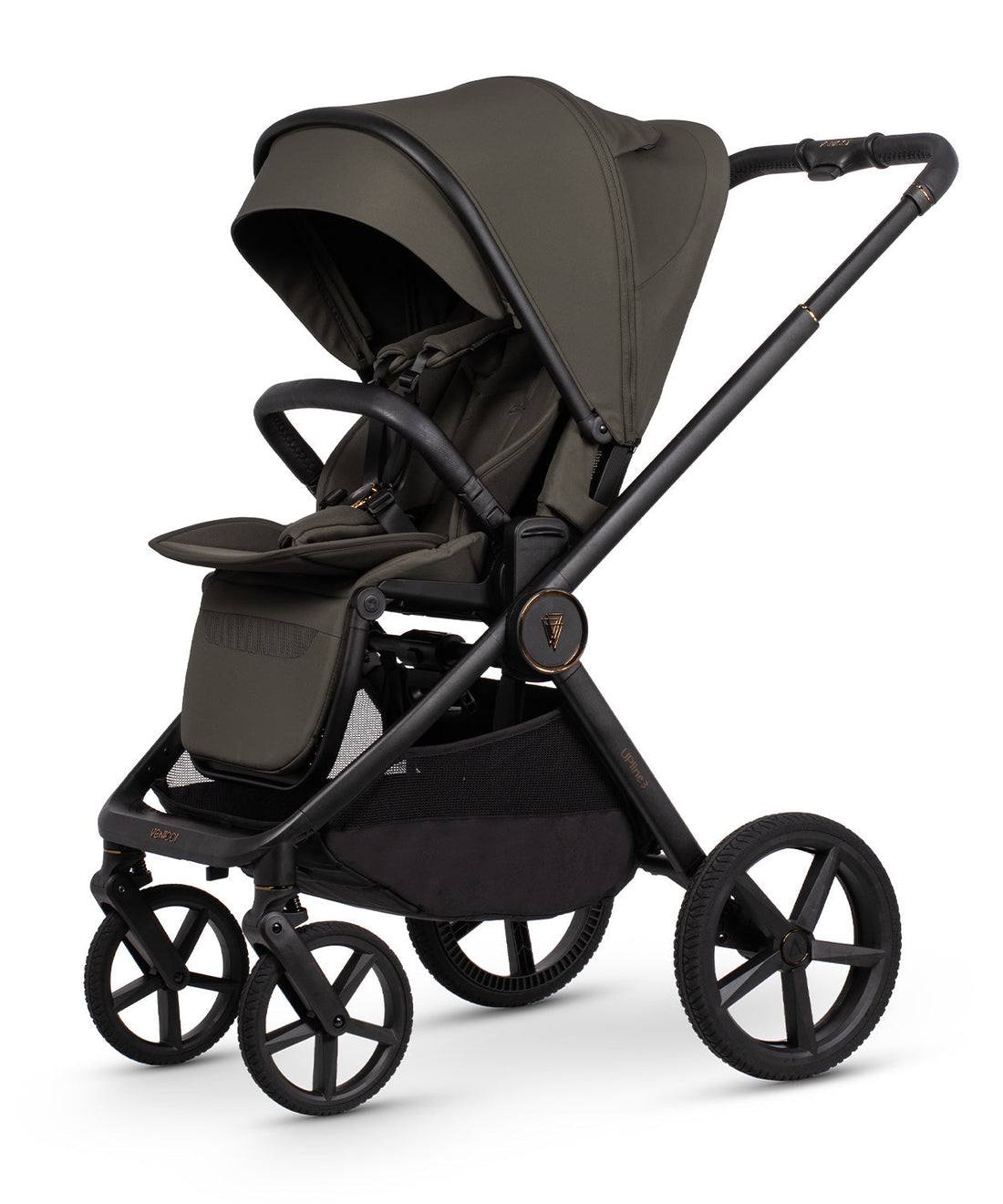 Black venicci upline 3 stroller with olive green canopy and fabric seat featuring sleek metal frame and four spoke wheels