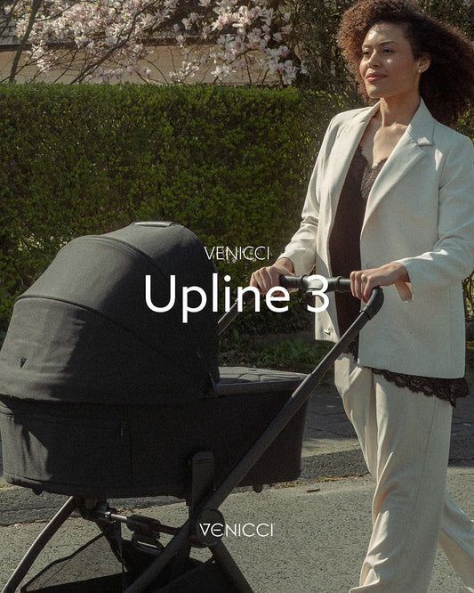 Black venicci upline 3 stroller with sleek modern design and padded canopy featured in venicci upline 2 vs upline 3 comparison