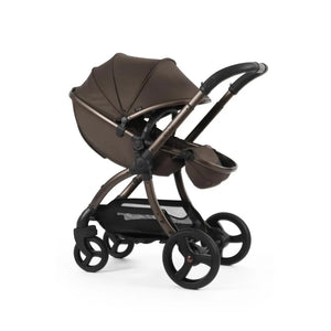 Egg3 chocolate velvet stroller in brown and black with metallic frame soft fabric canopy and multi-wheel design