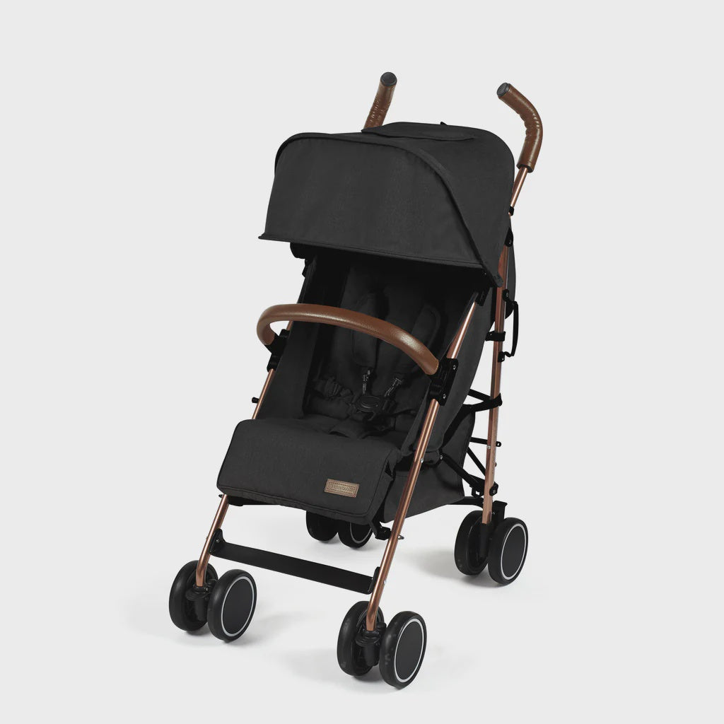 Ickle Bubba Discovery stroller in black with rose gold frame leather-like handles and soft fabric seat