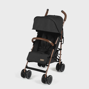 Ickle Bubba Discovery stroller in black with rose gold frame leather-like handles and soft fabric seat