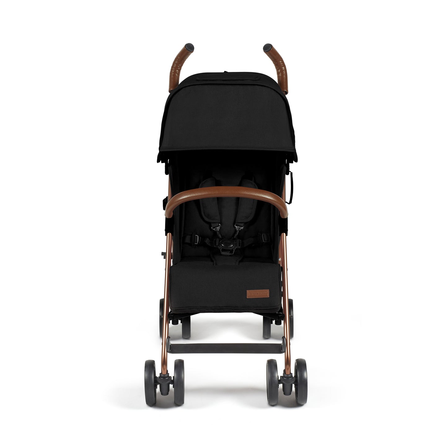 Ickle Bubba Discovery MAX stroller in black with rose gold metal frame and brown leather handles shown from the back side
