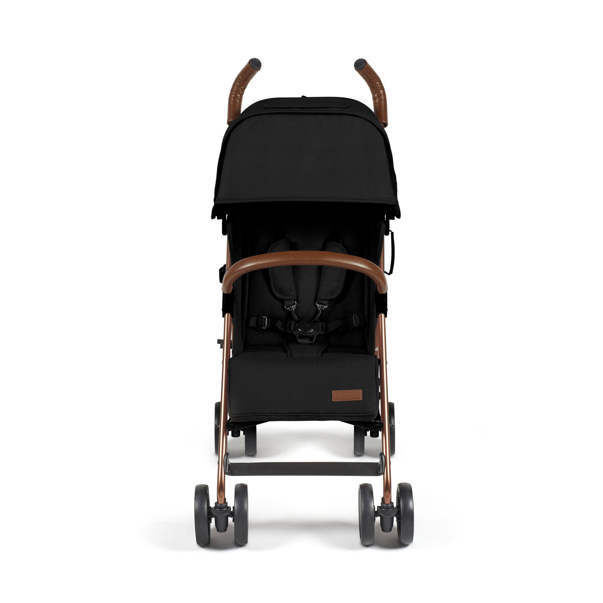 Ickle Bubba Discovery MAX stroller in black with rose gold metal frame and brown leather handles shown from the back side