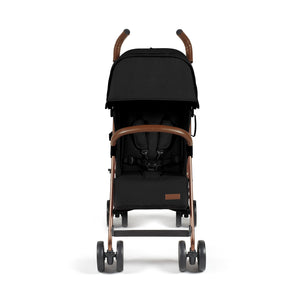 Ickle Bubba Discovery MAX stroller in black with rose gold metal frame and brown leather handles shown from the back side