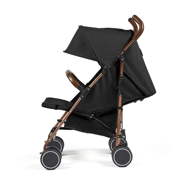 Ickle bubba discovery stroller black with black canopy and seat rose gold metal frame and brown leather handles