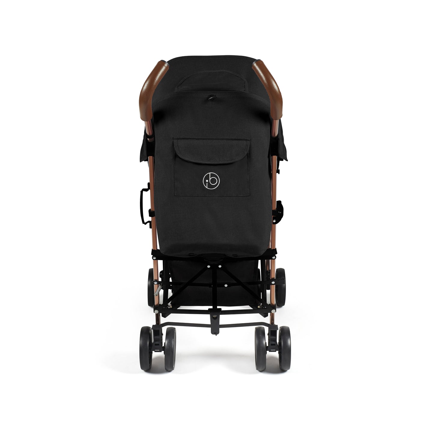 Back view of ickle bubba discovery max stroller in black with rose gold accents and logo on the back pocket