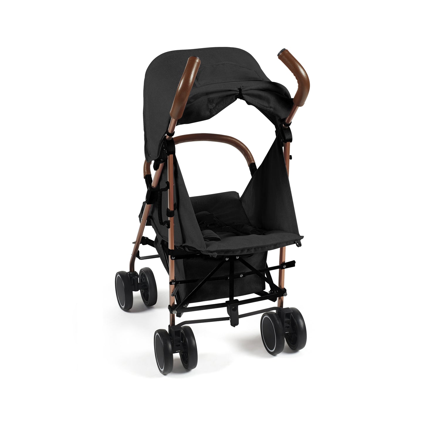 Black ickle bubba discovery stroller with rose gold metal frame and wooden handle grips shown from the back side