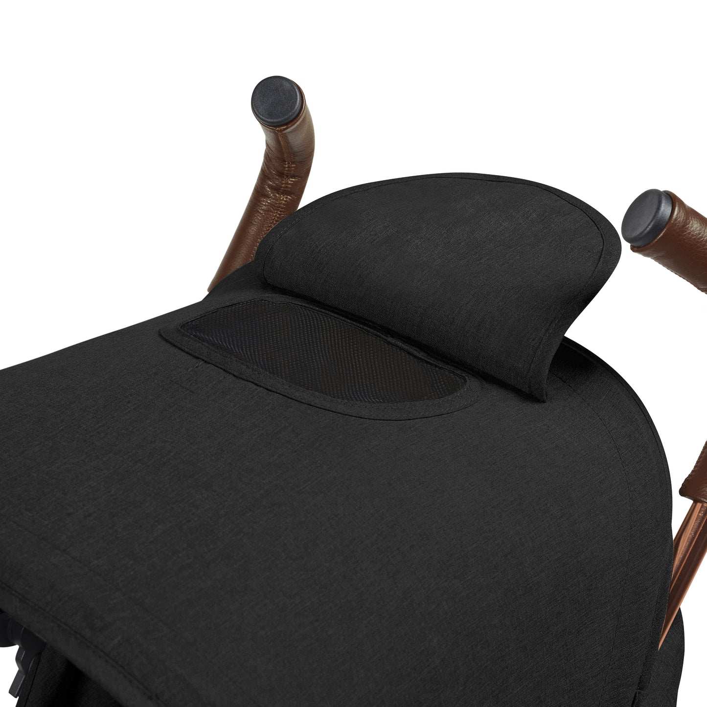 Black padded headrest with mesh ventilation panel mounted on brown leather wrapped handles of ickle bubba discovery max stroller back side