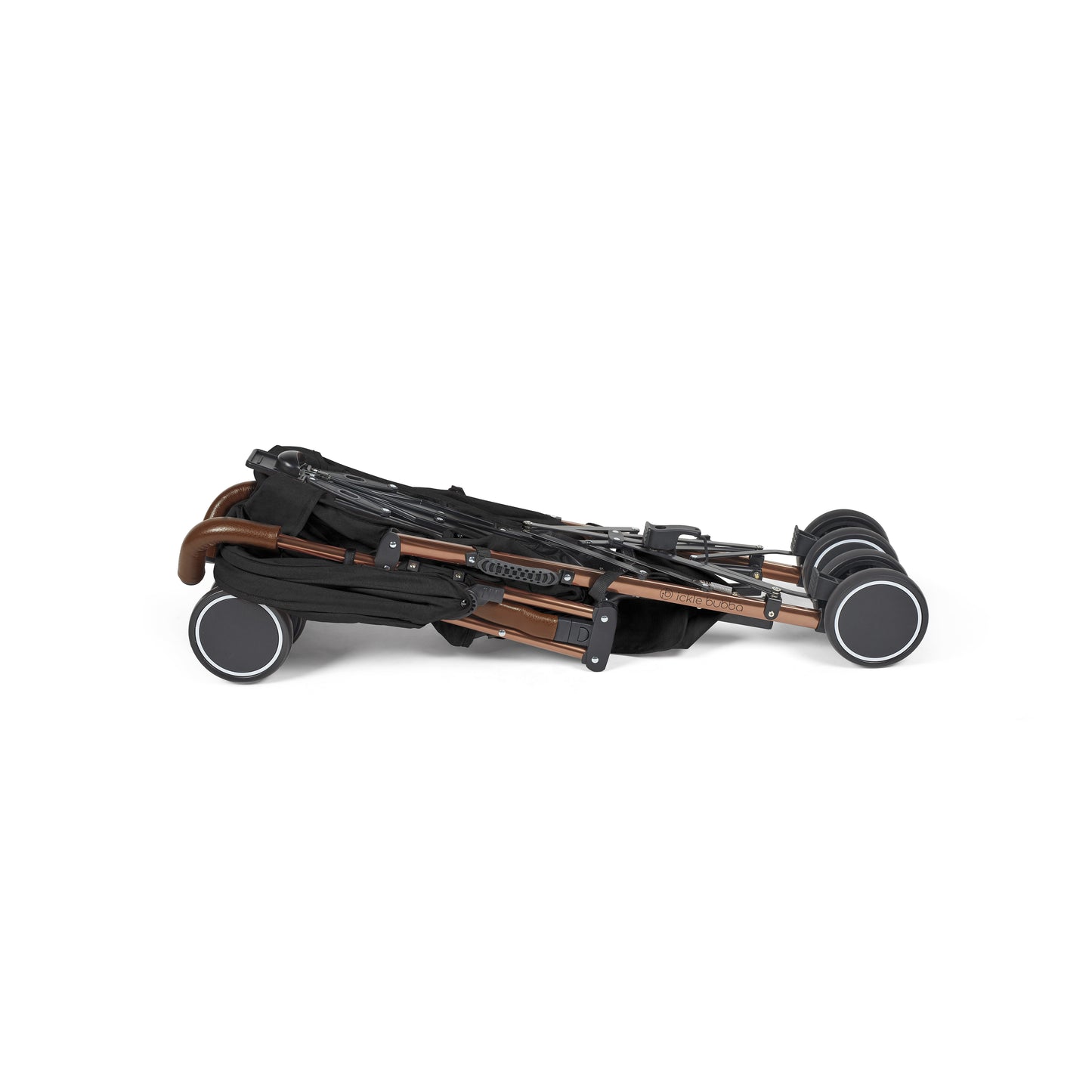 Folded Ickle Bubba Discovery MAX stroller in black with sleek bronze frame and four sturdy wheels