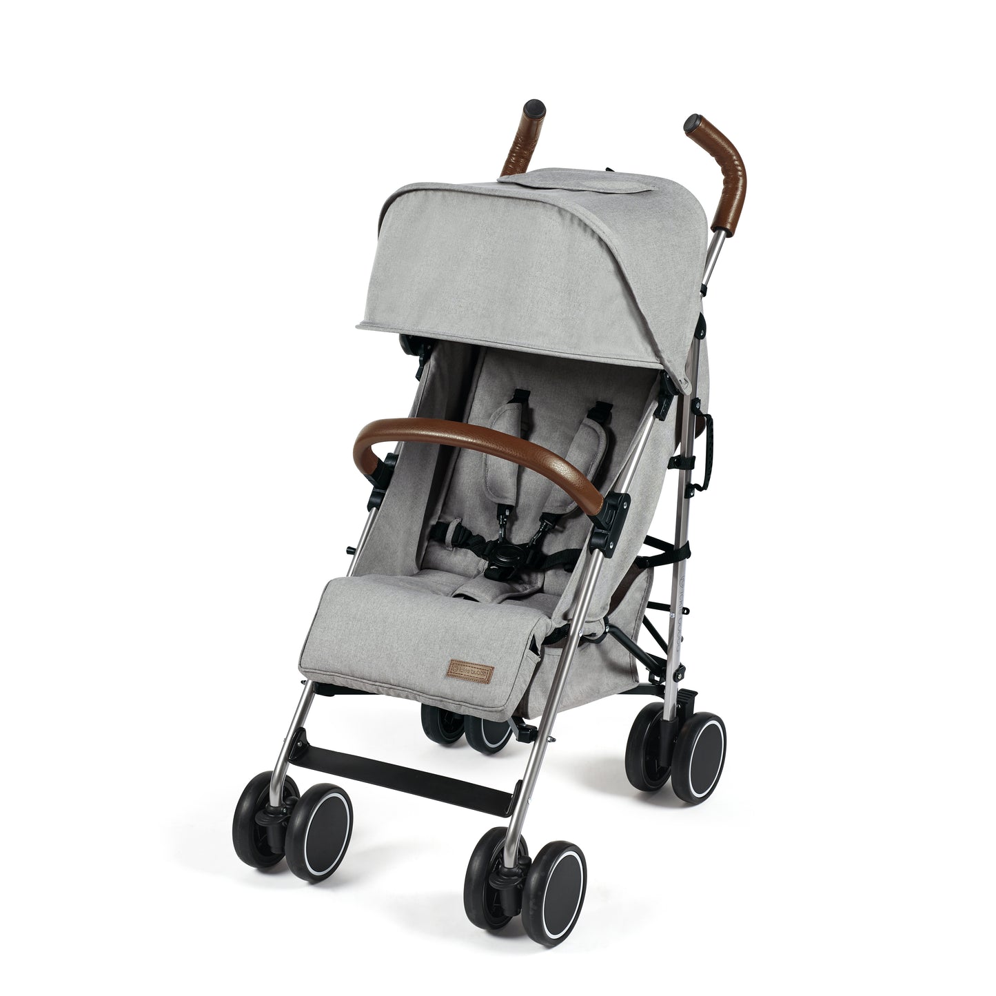 Gray ickle bubba discovery stroller with brown leather handles and black wheels shown from the back side