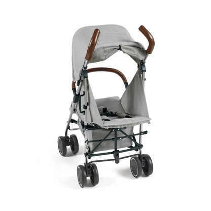 Ickle Bubba discovery stroller in grey fabric with brown wooden handles and black metal frame for comfortable strolling