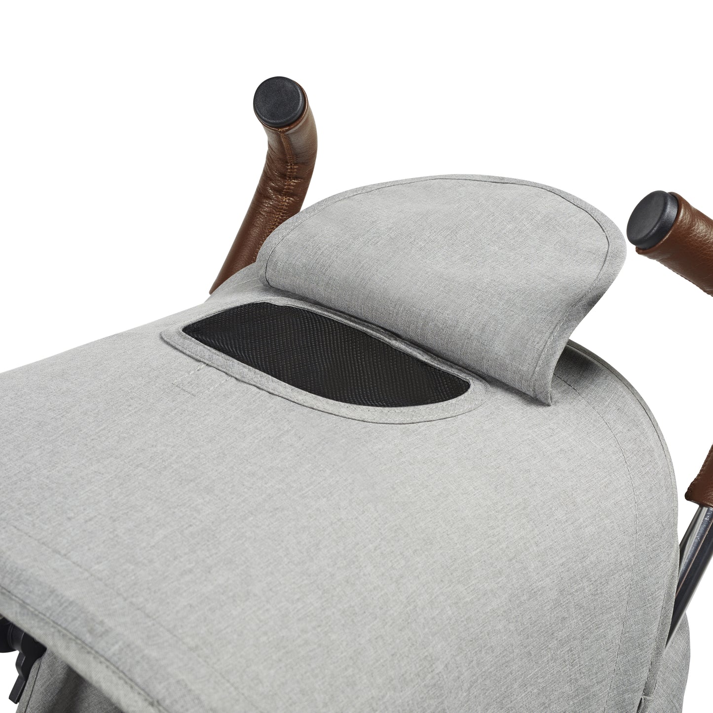 Ickle Bubba Discovery stroller grey with gray fabric headrest brown leather handles and black mesh panel visible from back