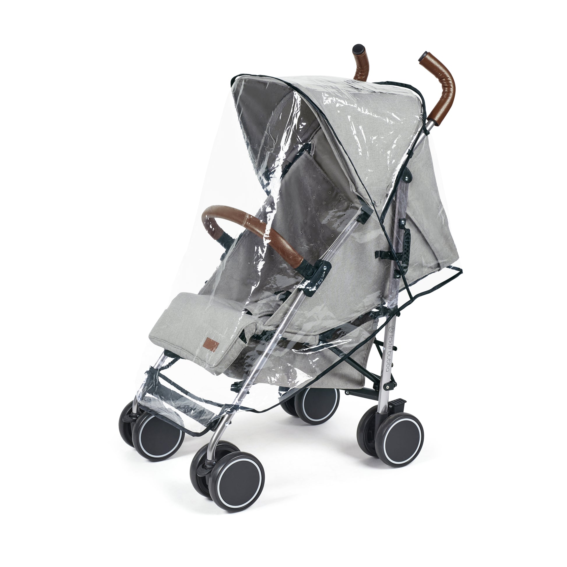 Gray ickle bubba discovery stroller with brown leather handles and clear rain cover showing front view