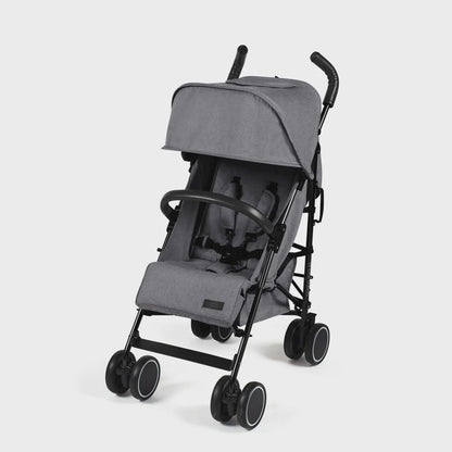 Ickle Bubba Discovery stroller in graphite grey with gray fabric and black metal frame featuring four wheels and compact design