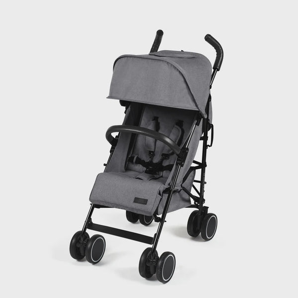 Ickle Bubba Discovery stroller in graphite grey with gray fabric and black metal frame featuring four wheels and compact design