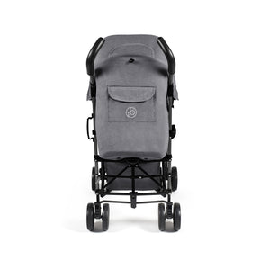 Ickle Bubba discovery stroller in graphite grey with gray fabric, black metal frame, wheels, and embroidered front pocket