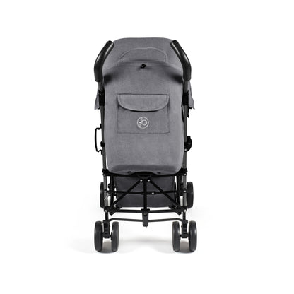 Ickle Bubba discovery stroller in graphite grey with gray fabric, black metal frame, wheels, and embroidered front pocket