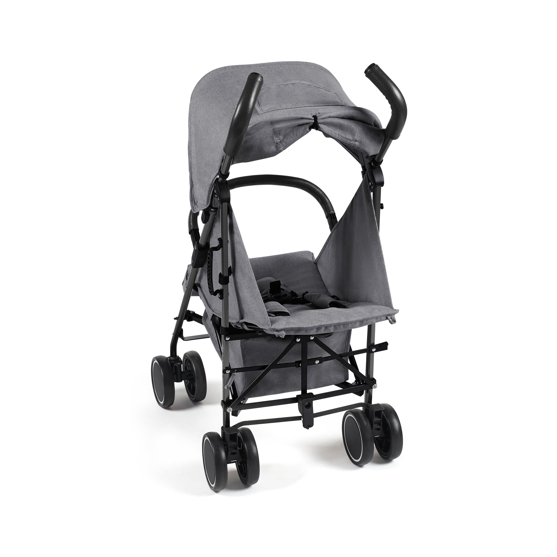 Gray fabric ickle bubba discovery stroller with black metal frame and wheels shown from the back side