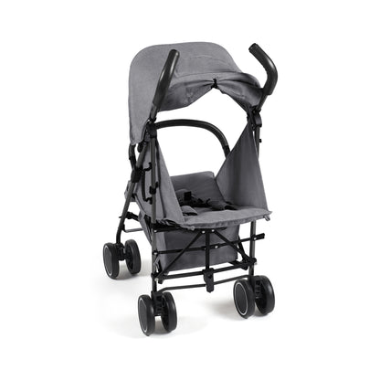 Gray fabric ickle bubba discovery stroller with black metal frame and wheels shown from the back side