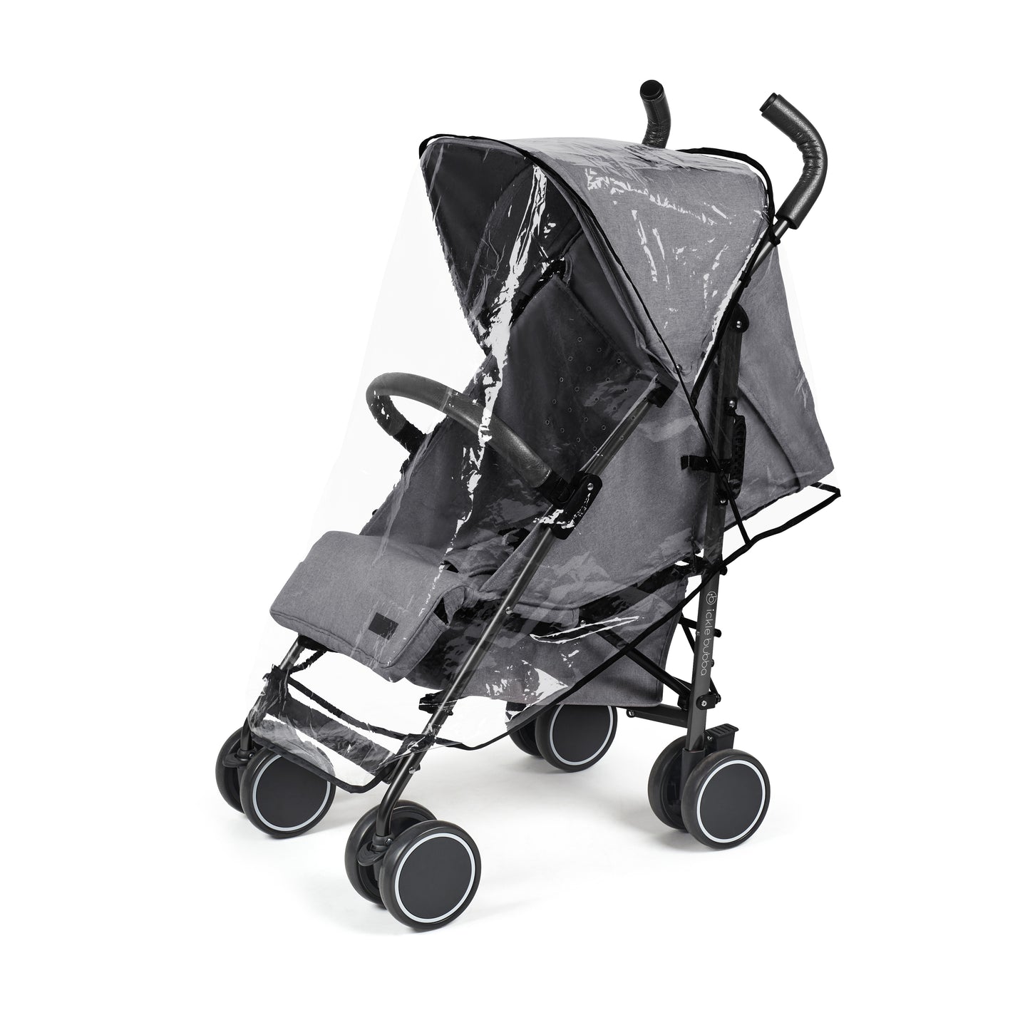 Ickle Bubba Discovery stroller in graphite grey with black frame wheels and transparent rain cover shown from the back