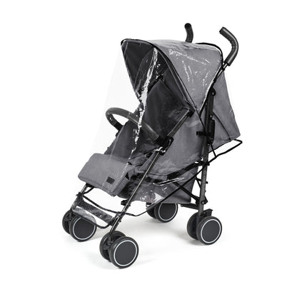 Ickle Bubba Discovery stroller in graphite grey with black frame wheels and transparent rain cover shown from the back