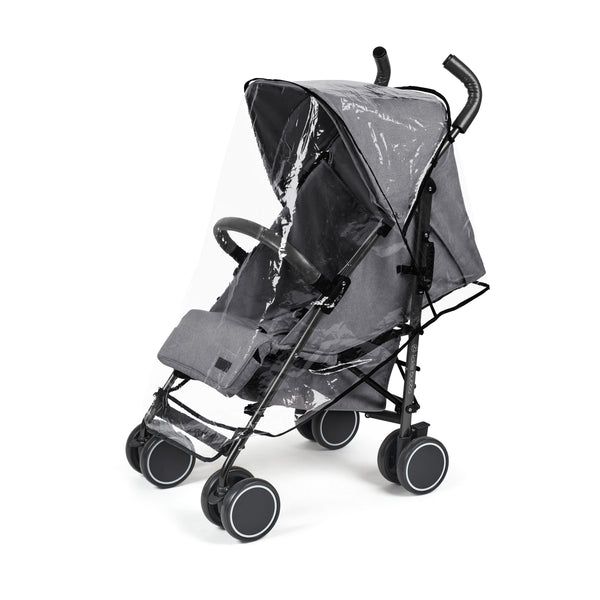 Ickle Bubba Discovery stroller in graphite grey with black frame wheels and transparent rain cover shown from the back