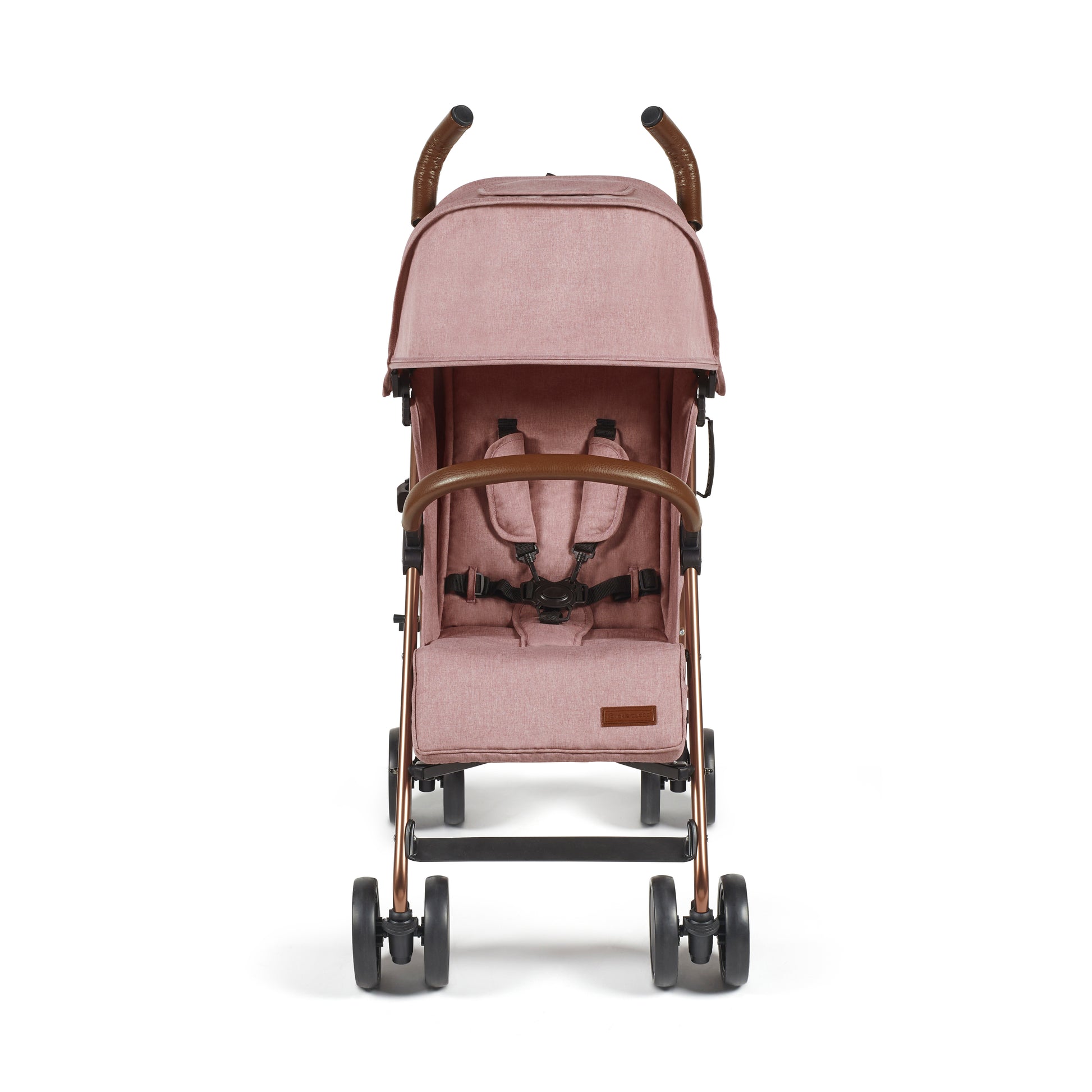 Ickle Bubba Discovery stroller in dusky pink with rose gold frame soft pink fabric canopy and brown leather handles