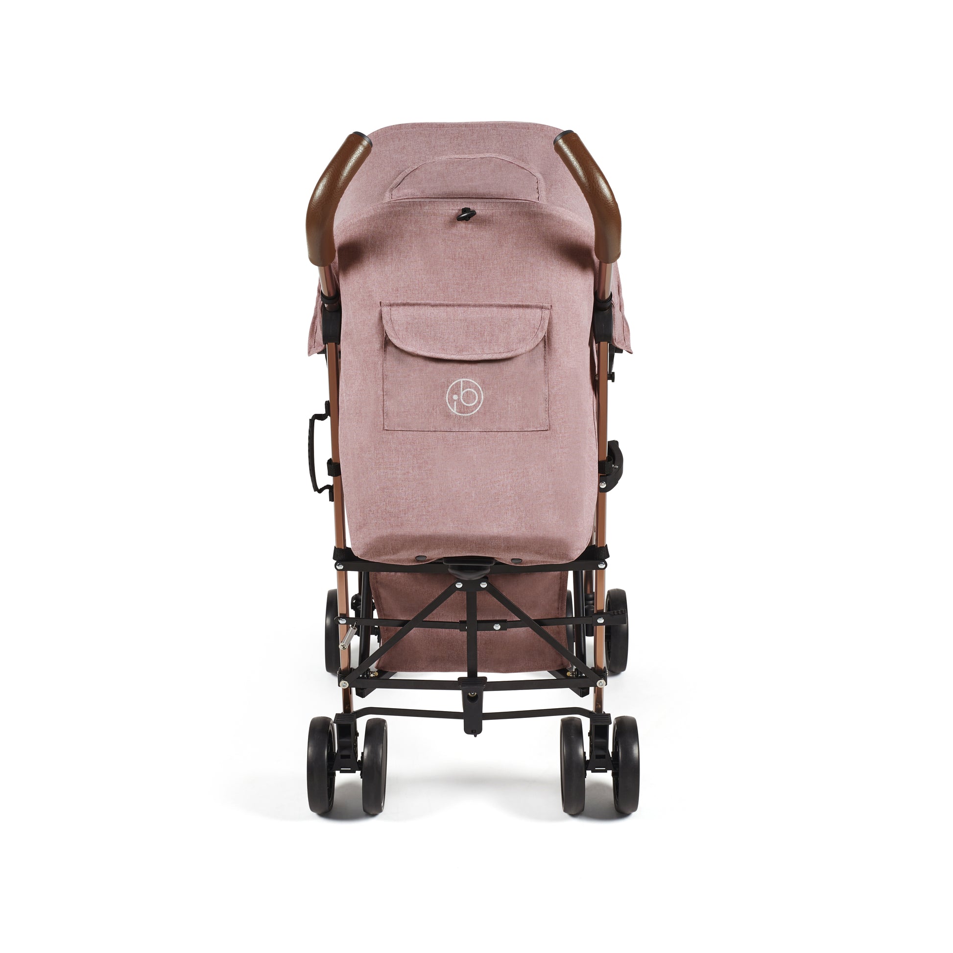 Ickle Bubba Discovery stroller in dusky pink with rose gold frame soft pink canopy and brown wooden handles