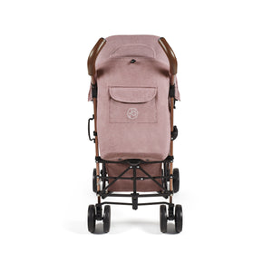 Ickle Bubba Discovery stroller in dusky pink with rose gold frame soft pink canopy and brown wooden handles