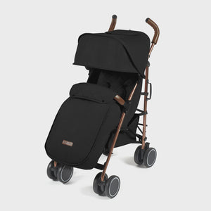 Ickle bubba discovery MAX stroller in black with rose gold metal frame and wooden handle grips shown from the back side