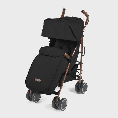 Ickle bubba discovery MAX stroller in black with rose gold metal frame and wooden handle grips shown from the back side