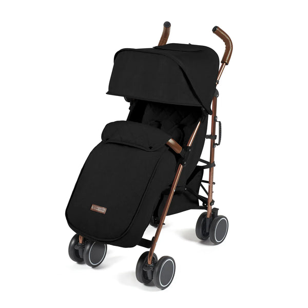 Ickle Bubba Discovery MAX stroller in black fabric with rose gold metal frame and wooden handle grips front view