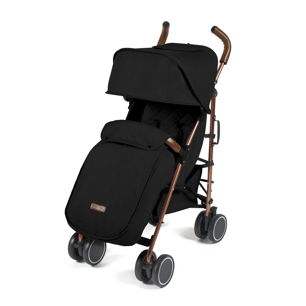 Ickle Bubba Discovery MAX stroller in black fabric with rose gold metal frame and wooden handle grips front view