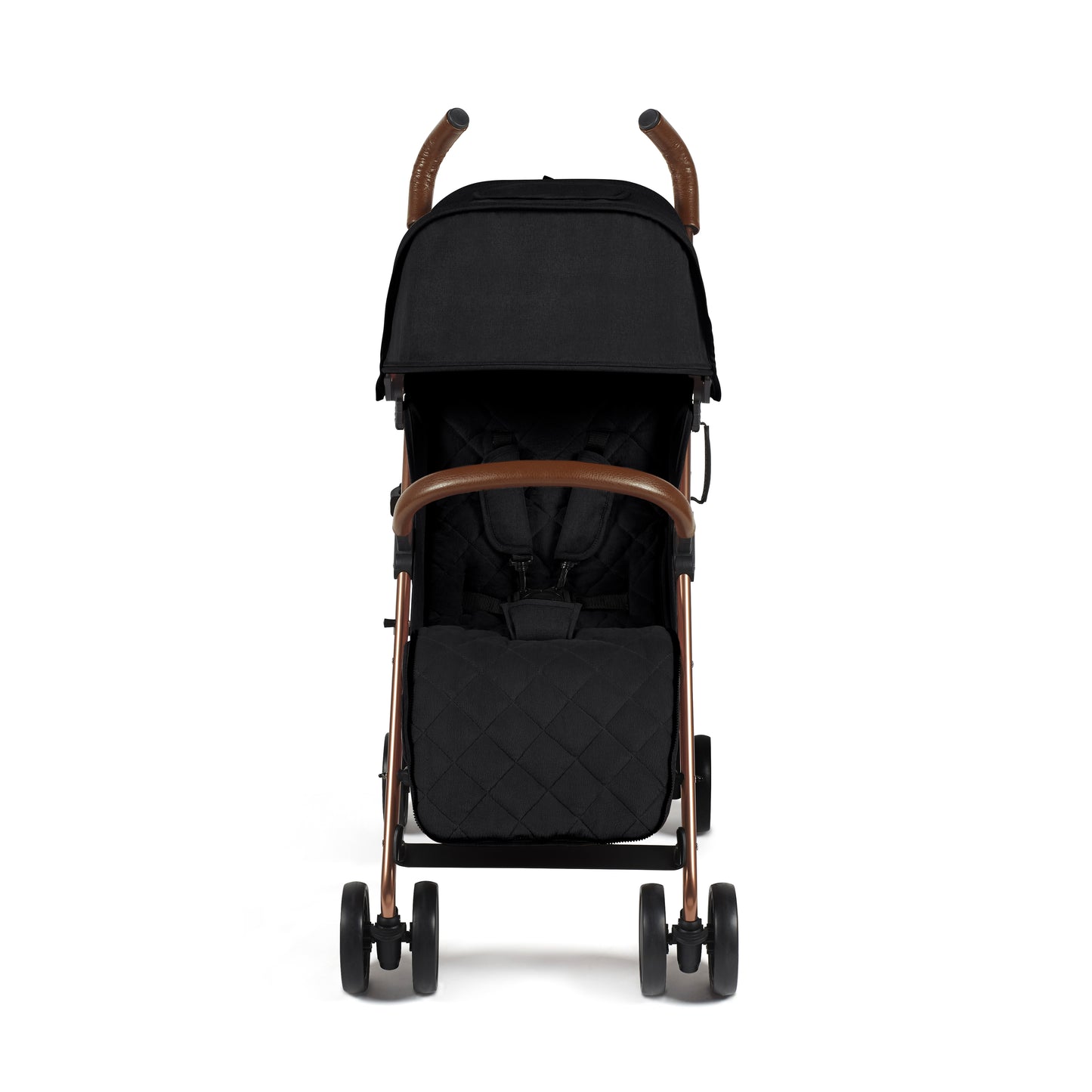 Ickle Bubba Discovery MAX stroller in black with rose gold frame and brown leather-like handles for smooth rides