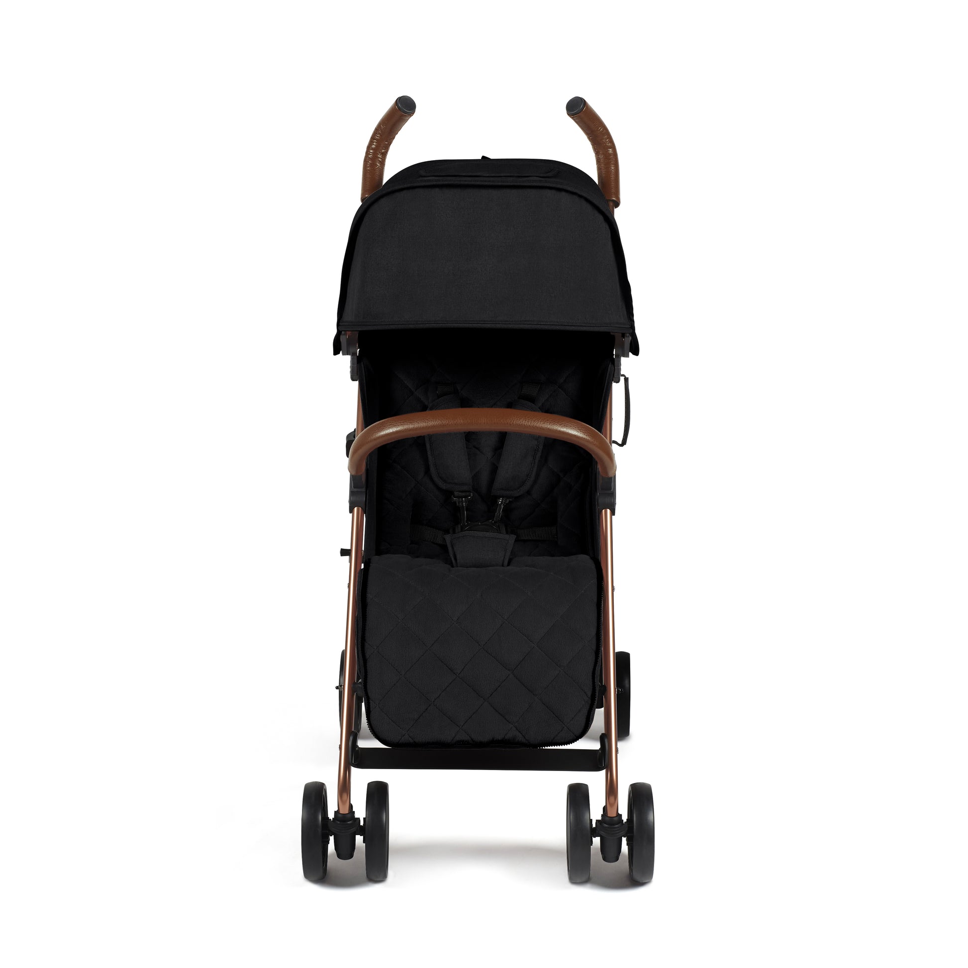 Ickle Bubba Discovery MAX stroller in black with rose gold frame and brown leather-like handles for smooth rides