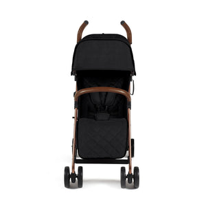 Ickle Bubba Discovery MAX stroller in black with rose gold frame and brown leather-like handles for smooth rides