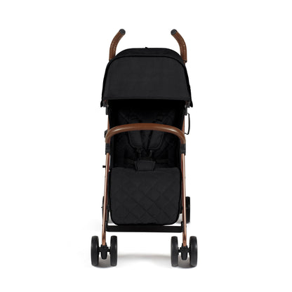 Ickle Bubba Discovery MAX stroller in black with rose gold frame and brown leather-like handles for smooth rides