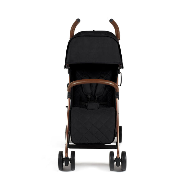 Ickle Bubba Discovery MAX stroller in black with rose gold frame and brown leather-like handles for smooth rides