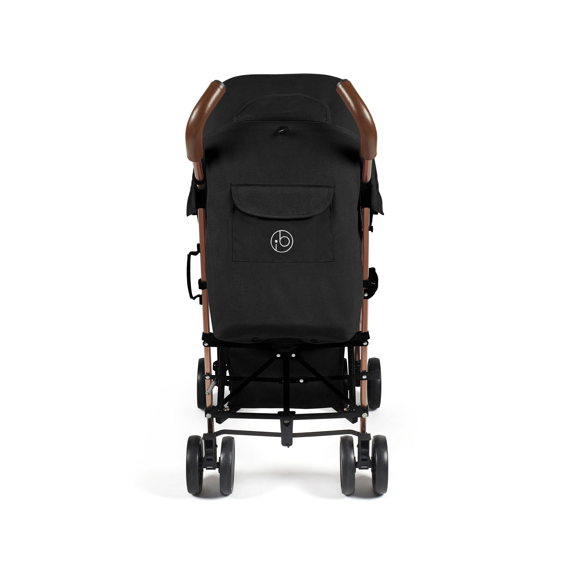 Black ickle bubba discovery max stroller back view with rose gold accents and logo on the back pocket